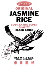 AAAA ORIGINAL JASMINE RICE 100% EXTRA SUPER QUALITY BLACK EAGLE NET WT. 2 KGS PRODUCT OF THAILAND – varumärkesbild för Svensk Risimport Aktiebolag