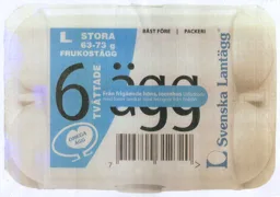 6 TVÄTTADE ägg Från frigående höns, inomhus Utfodrade med foder berikat med fettsyror från linfrön Svenska Lantägg OMEGA ÄGG L STORA 63-73 g FRUKOSTÄGG BÄST FÖRE PACKERI – varumärkesbild för DAVA Foods Sweden AB