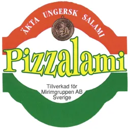 ÄKTA UNGERSK SALAMI Pizzalami Tillverkad för Mirimgruppen AB Sverige – varumärkesbild för Mirim Gruppen Aktiebolag