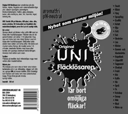 aromatfri pH-neutral Nyhet som skonar miljön! Original UNI Fläcklösaren Tar bort omöjliga fläckar! ETT VAL FÖR MILJÖN ... UNIVERSALBOLAGET AB ... – varumärkesbild för Universalbolaget i Helsingborg Aktiebolag