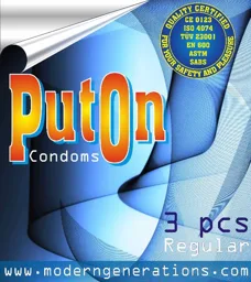 QUALITY CERTIFIED FOR YOUR SAFETY AND PLEASURE CE 0123 160 4074 TÜV 23001 EN 600 ASTM SABS PutOn Condoms 3 pcs Regular www.moderngenerations.com – varumärkesbild för Perssons ByggEntreprenad AB