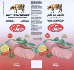 Farm SRF NÖT LUNCHKORV MED KYCKLING OCH KALKON Salsiccia di Carne Bovina Fiambre de Carne de Vaca HALAL SR&F Swedish Fine Rice & Food WWW.SWEDISHRICE.COM NETTOVIKT 800gr – varumärkesbild för Swedish Fine Rice and Food AB