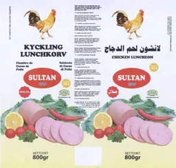 SULTAN SRF KYCKLING LUNCHKORV Fiambre de Carne de Pollo Salsiccia di Carne di Pollo HALAL SR&F Swedish Fine Rice & Food WWW. SWEDISHRICE.COM 72,5 % KÖTT NETTOVIKT 800gr – varumärkesbild för Swedish Fine Rice and Food AB
