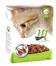 MJAU Det svenska kattmatsköket Kattungemat Bitar med Lamm i sås Lammasta – varumärkesbild för Partner in Pet Food Nordics AB