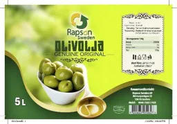 OLIVOLJA GENUINE ORIGINAL 5L Rapson Sweden Konsumentkontakt: Rapson Sweden AB Dåntorpsvägen 33 136 50 Jordbro Mobil: 0046-720217426 – varumärkesbild för Tolek AB