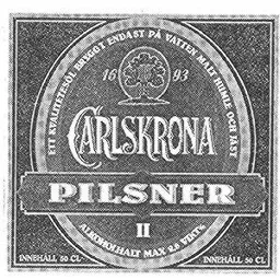 ETT KVALITETSÖL BRYGGT ENDAST PÅ VATTEN MALT HUMLE OCH JÄST 1693 CARLSKRONA PILSNER II ALKOHOLHALT MAX 2.8 VIKT% INNEHÅLL 50 CL – varumärkesbild för Carlskrona Bryggeri AB