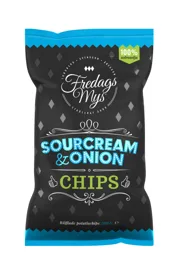 Fredagsmys SOURCREAM & ONION CHIPS 100% solrosolja Räfflade potatischips 200 G e LUNDBERG SVENSSON ÅKESSON ETABLERAT 2008 – varumärke, Bielkevägeninvest AB
