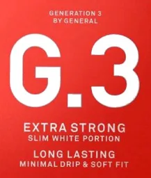 G.3 GENERATION 3 BY GENERAL EXTRA STRONG SLIM WHITE PORTION LONG LASTING MINIMAL DRIP & SOFT FIT – varumärkesbild för Swedish Match North Europe AB