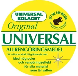 Universalbolaget Original Universal Allrengöringsmedel för allt som skall bli glänsande rent. Med hög poler och rengöringseffekt för alla material som tål vatten. Ett val för miljön. Universalbolaget i Helsingborg AB. Box 22064 250 22 Helsingborg – varumärkesbild för Universalbolaget i Helsingborg Aktiebolag