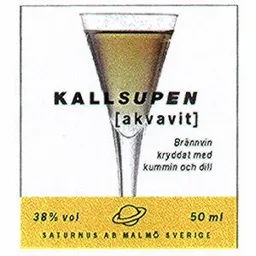 KALLSUPEN [akvavit] Brännvin kryddat med kummin och dill SATURNUS AB MALMÖ SVERIGE 38% vol 50 ml – varumärkesbild för Saturnus Varumärkes AB
