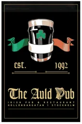 est 1992 The Auld Pub IRISH PUB & RESTAURANT HOLLÄNDARGATAN 1 STOCKHOLM – varumärkesbild för The Auld Dub AB