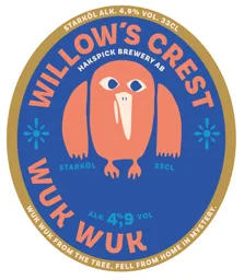 WILLOW'S CREST WUK WUK HAKSPICK BREWERY AB STARKÖL 33CL ALK. 4,9% VOL STARKÖL ALK. 4,9 % VOL. 33CL WUK WUK FROM THE TREE, FELL FROM HOME IN MYSTERY.. – varumärke, Galatea AB