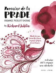 Domaine de la PRADE ORGANIC MERLOT/SHIRAZ by Richard Juhlin Made for you from the finest organic grapes from France. red wine 100% organic non-alcoholic 0% VOL | e 750 ML – varumärkesbild för Oddbird International AB