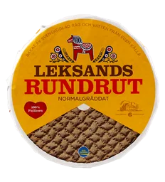 LEKSANDS RUNDRUT NORMALGRÄDDAT BAKAT AV SVENSKODLAD RÅG OCH VATTEN FRÅN EGEN KÄLLA 100% Fullkorn – varumärke, Leksands Knäckebröd AB