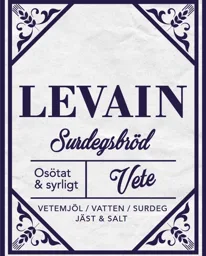 LEVAIN SURDEGSBRÖD Vete Osötat & syrligt VETEMJÖL / VATTEN / SURDEG JÄST & SALT – varumärkesbild för Pågen Trademark Aktiebolag