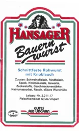 HANSAGER BAUERN WURST SCHNITTFESTE ROHWURST MIT KNOBLAUCH – varumärkesbild för Alexander Grünfeld AB