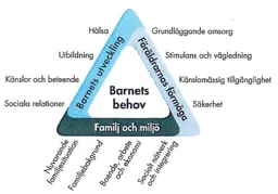Barnets behov Barnets utveckling Föräldrars förmåga Familj och miljö miljö Hälsa Utbildning Känslor och beteende Sociala relationer Grundläggande omsorg Stimulans och vägledning Känslomässig tillgänglighet Säkerhet Nuvarande familjesituation Familjebakgru – varumärkesbild för SOCIALSTYRELSEN