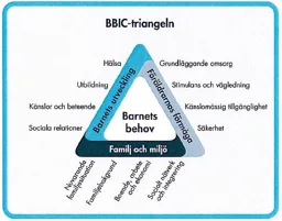 BBIC-triangeln Barnets behov Barnets utveckling Föräldrars förmåga Familj och miljö miljö Hälsa Utbildning Känslor och beteende Sociala relationer Grundläggande omsorg Stimulans och vägledning Känslomässig tillgänglighet Säkerhet Nuvarande familjesituatio – varumärke, SOCIALSTYRELSEN