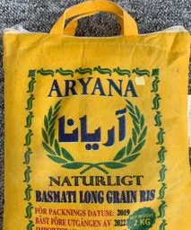 ARYANA NATURLIG BASMATI LONG GRAIN RIS FÖRPACKNINGSDATUM 2019 BÄST FÖRE UTGÅNGEN 2022 NET WEIGHT 2 KG – varumärkesbild för MSK Group Sweden AB