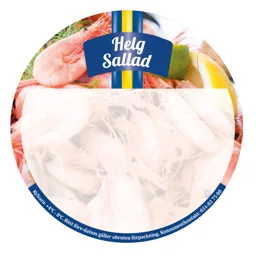 Helg Sallad Kylvara: +4°C - 8°C. Bäst före-datum gäller obruten förpackning. Konsumentkontakt: 031-82 75 00 – varumärkesbild för Göteborgs Sallad och Skaldjur AB