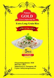 Nature Gold Extra Långkornigt Ris Extra Long Grain Rice 5 kg Net Weight Förpackningsdatum:2020 Bäst före:2022 Importerat av: Eurogross AB E-post:info@eurogrossab.se – varumärkesbild för Eurogross AB