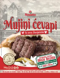 Mujini cevapi Rosseto TRADE Iz srca Banjaluke Originalni recept Muje Duzela SEDAN/SEIT/IZ 1948 ÅR/JAHR/GODINE 100% NÖTKÖTT RINDFLEISCH JUNECE MESO UTMÄRKT VAL AUSGEZEICHNETE WAHL ODLICAN IZBOR 750g 6-10 MIN. DJUPFRYST PRODUCT / TIEFGEFRORENES PRODUKT / DU – varumärkesbild för Rosseto Trade AB