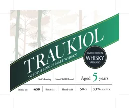 TRAUKIOL SWEDISH SINGLE MALT WHISKY LIMITED EDITION WHISKY VÄRMLAND Aged 5 years No Colouring Non Chill Filtered Bottle nr: /650 Batch: 1/1 Hand craft 50 CL 53% ALC/VOL – varumärkesbild för Jonas Lännbjer AB