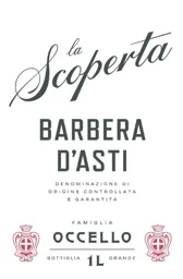 la Scoperta BARBERA D'ASTI DENONIMAZIONE DI ORIGINE CONTROLLATA E GARANATITA FAMIGLIA OCCELLO BOTTIGLIA 1L GRANDE – varumärke, Nelex Beverage AB