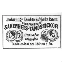 Jönköpings Tändsticksfabriks Patent PARAFFINERADE SÄKERHETS-TÄNDSTICKOR utan svafvel och fosfor Tända endast mot lådans plån. – varumärkesbild för Swedish Match Industries Aktiebolag