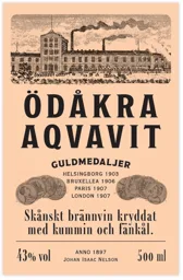 ÖDÅKRA AQVAVIT GULDMEDALJER HELSINGBORG 1903 BRUXELLEA 1906 PARIS 1907 LONDON 1907 Skånskt brännvin kryddat med kummin och fänkål. ANNO 1897 JOHAN ISAAC NELSON 43% vol 500 ml – varumärkesbild för JI Nelson AB
