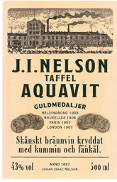 J.I.NELSON TAFFEL AQUAVIT GULDMEDALJER HELSINGBORG 1903 BRUXELLEA 1906 PARIS 1907 LONDON 1907 Skånskt brännvin kryddat med kummin och fänkål 43 % vol ANNO 1897 JOHAN ISAAC NELSON 500 ml – varumärke, JI Nelson AB