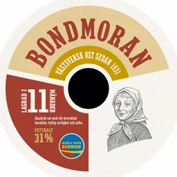 BONDMORAN VÄSTSVENSK OST SEDAN 1931 LAGRAD I 11 MÅNADER FETTHALT 31 % Smakrik ost med väl utvecklad karaktär, tydlig syrlighet och sälta. MJÖLK FRÅN SVERIGE – varumärke, Gäsene Mejeriförening Ekonomisk förening