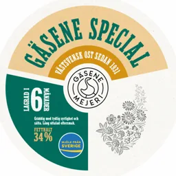 GÄSENE SPECIAL VÄSTSVENSK OST SEDAN 1931 GÄSENE MEJERI LAGRAD I 6 MÅNADER Gräddig med tydlig syrlighet och sälta. Lång uttalad eftersmak. FETTHALT 34% MJÖLK FRÅN SVERIGE – varumärkesbild för Gäsene Mejeriförening Ekonomisk förening