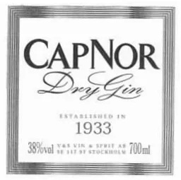 CAPNOR Dry Gin ESTABLISHED IN 1933 38%vol V&S Vin & Sprit AB SE 117 97  STOCKHOLM 700ml – varumärkesbild för The Absolut Company Aktiebolag